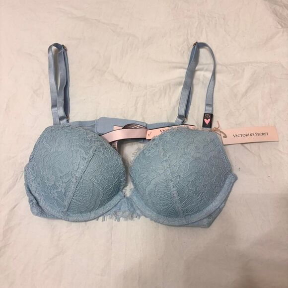 VICTORIA'S SERET Pastel Baby Blue Lace Small Women's Pushup Underwire A-Cup Bra - Picture 1 of 2